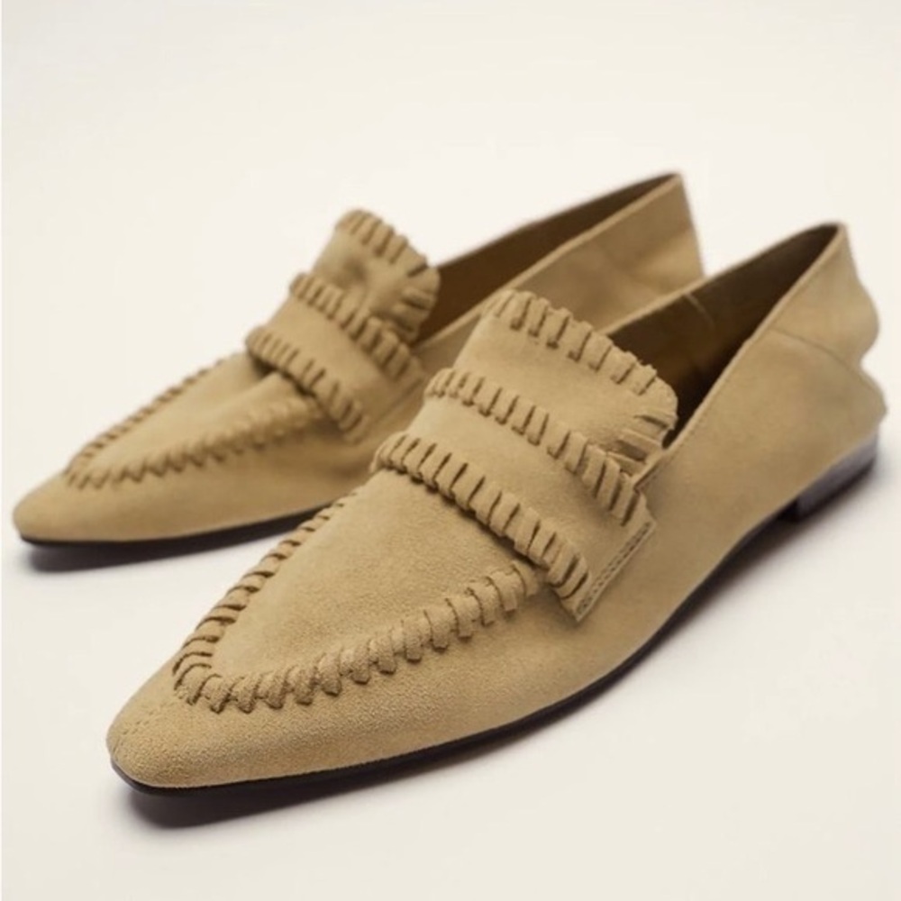 Zara Soft Split Suede Leather Moccasin Braided Detail Loafers Flats Tan 36